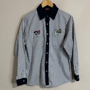 Vintage Disney Green Striped Embroidered Characters Shirt Size M Novelty Preppy